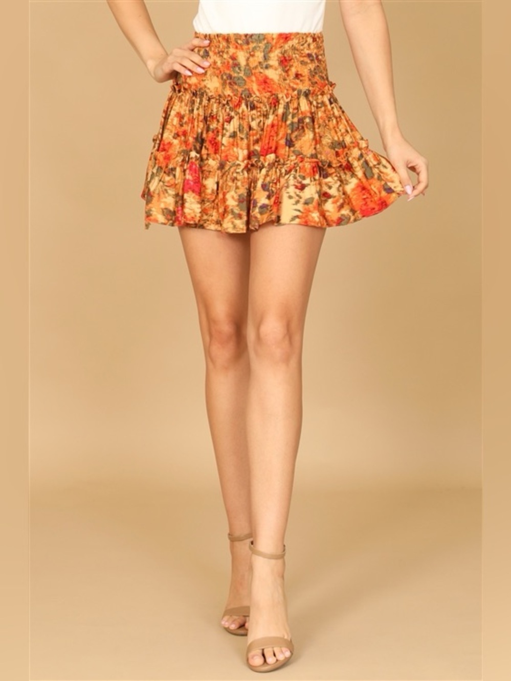Boho Floral Ruffle Mini Skirt Smocked Waist Boutique Skirt